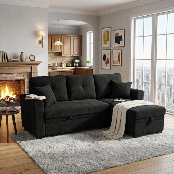 Mary 71 in. Fabric Upholstered L-Shaped Storage Sectional Sofa in Black with Pull-Out Bed, Reversible Chaise