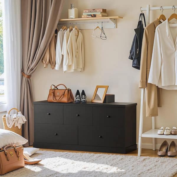 5 Chest Of Drawers, Wide Wooden Dresser Chest Of Drawers Storage Tower Storage Living Room Bedroom, Black
