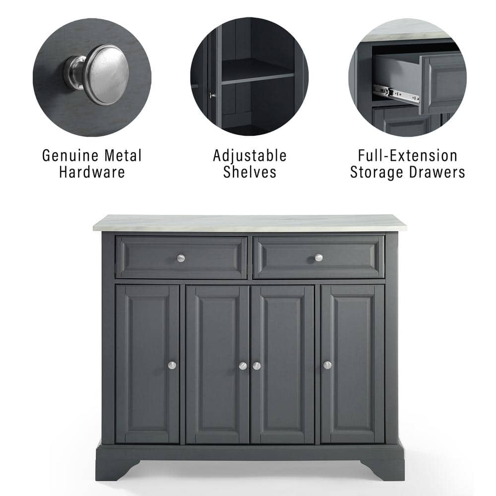 Avery Distressed Gray Solid Hardwood Kitchen Island with Faux Marble Top