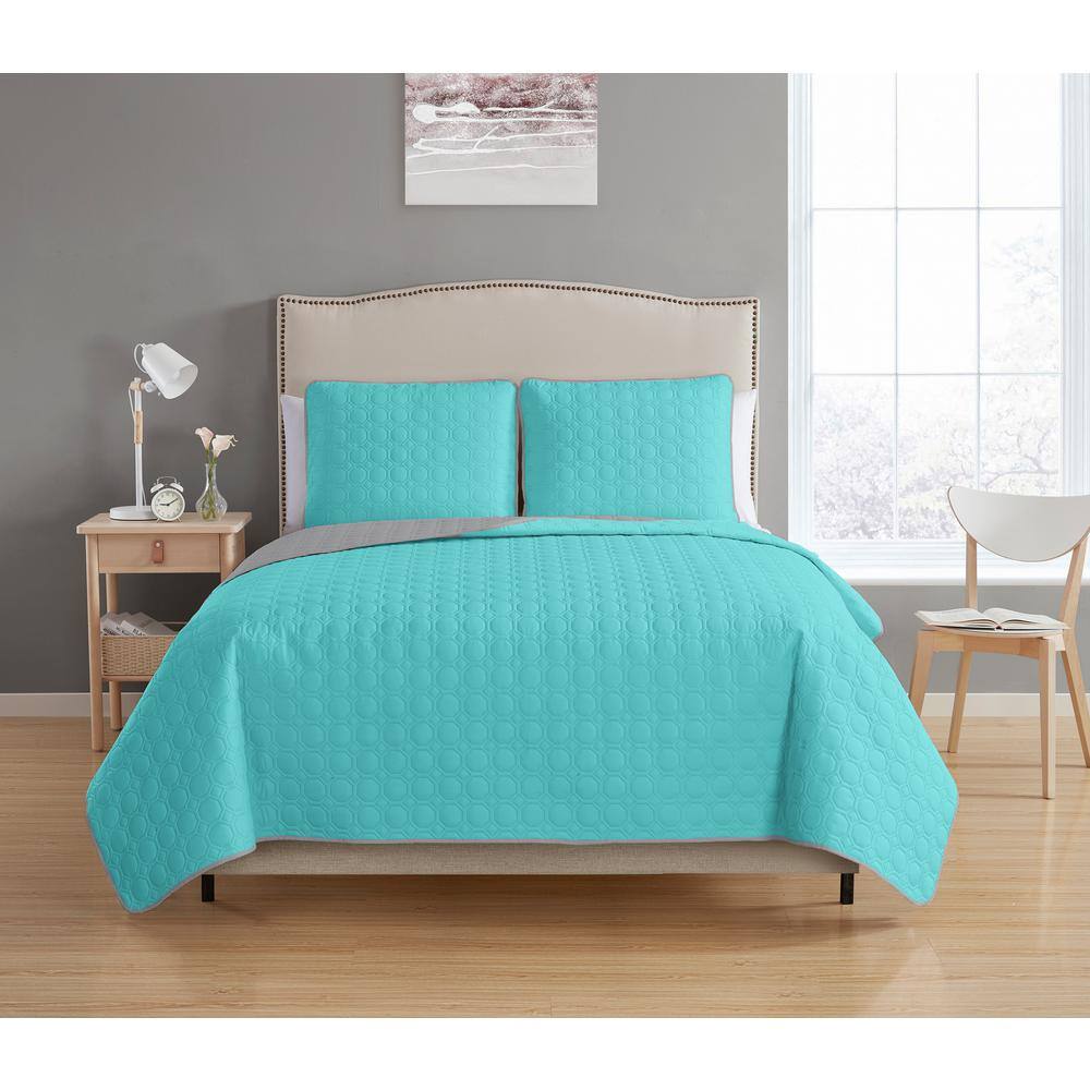 Bethany Reversible 3-piece Aqua/Grey Full/Queen Quilt Set