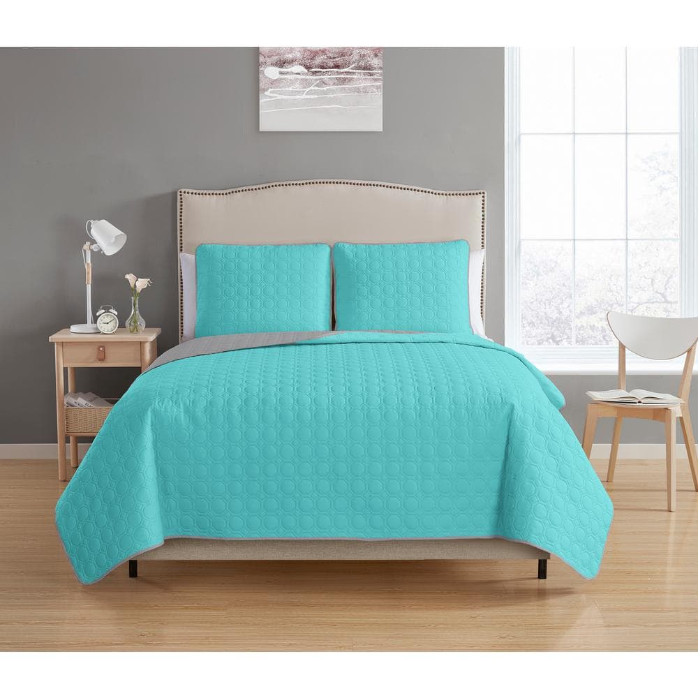 Bethany Reversible 3-piece Aqua/Grey King Quilt Set