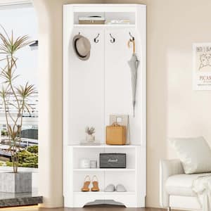 Minimalist Corner Hall Tree with Shoe Bench, 4-Hooks, Corner Cabinet with Adjustable Shelf, White