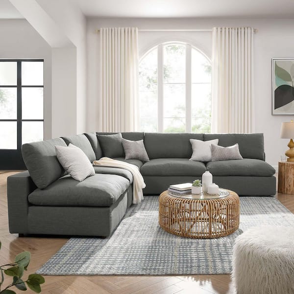 MODWAY Commix 118 in. Square Arm 5-Piece Polyester L-Shaped Sectional Sofa Set in Gray with Polyester Fabric With Linen Texture
