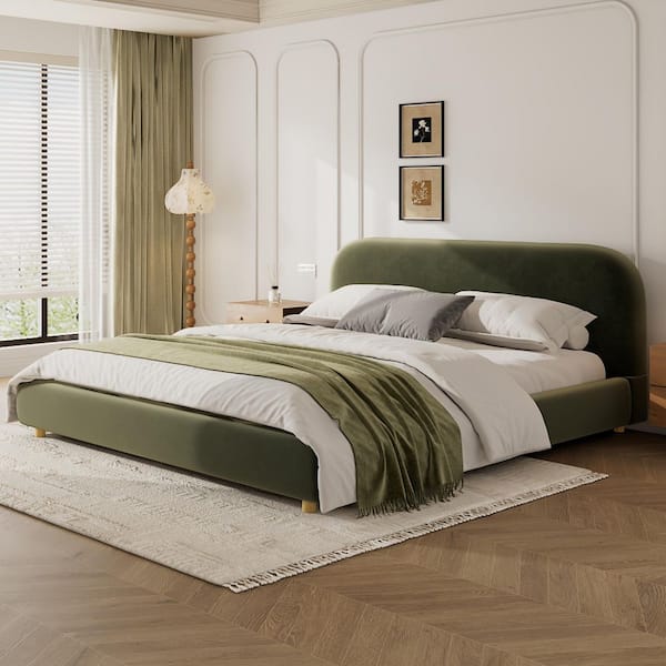 Solara Olive Green Wood Frame King Size Upholstered Platform Bed with Curve-Shaped Design Headboard
