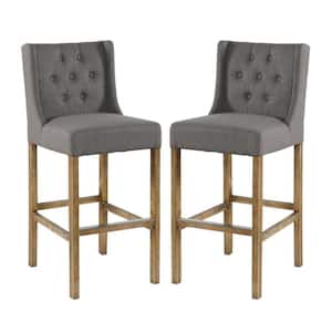 28 in. Gray and Brown Low Back Wooden Barstool with Fabric Padded Seat