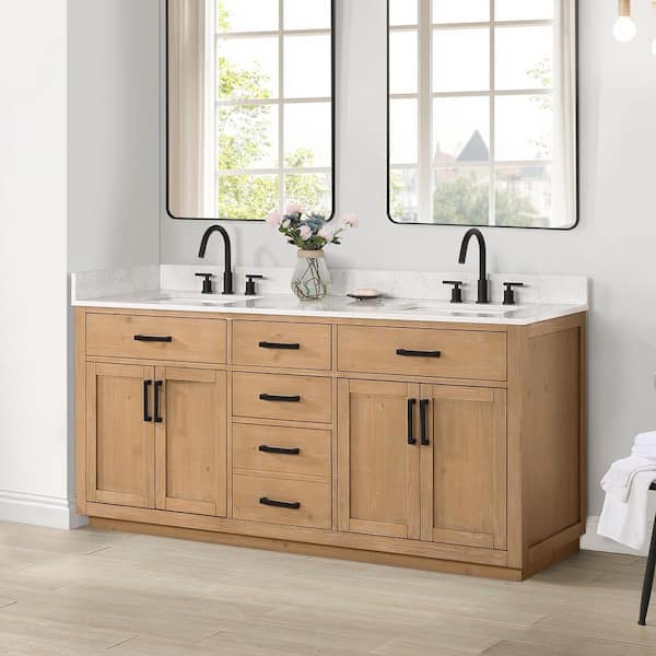Gavino 72 in. W x 22 in. D x 34 in. H Bath Vanity in Light Brown with Grain White Composite Stone Top