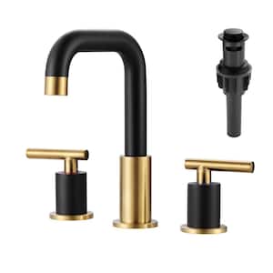 8 in. Widespread Double Handle High Arc Bathroom Faucet with Drain Kit in Gold and Black