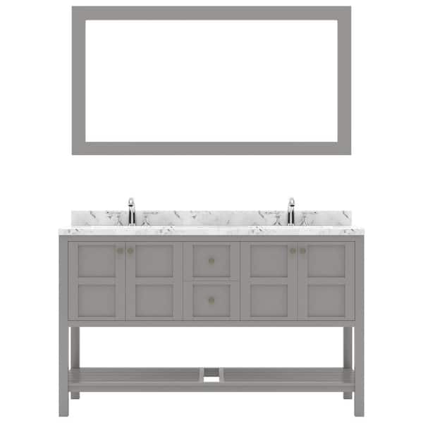 Virtu USA Winterfell 60 in. W x 22 in. D x 37 in. H Double Sink Bath Vanity in Gray with Quartz Top and Mirror