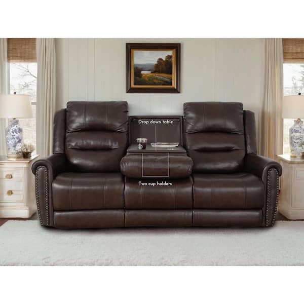 null Espoo Genuine Top Grain Leather Nailhead Trim Dropdown Table and Adjustable Headrest Power Recliner Sofa in Brown