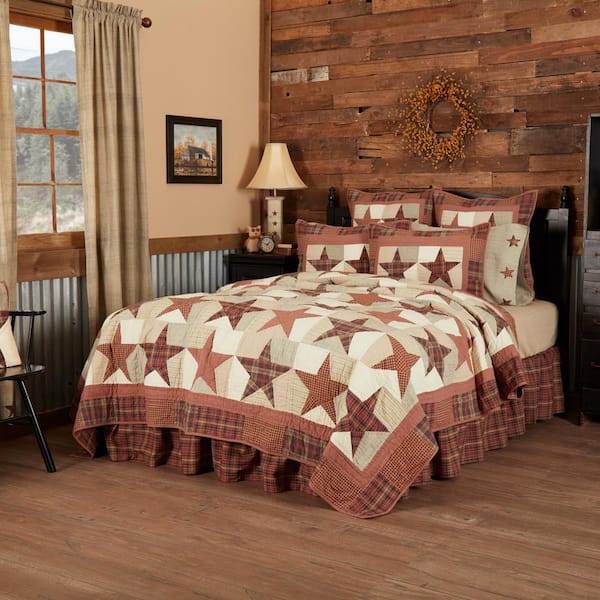 Farmhouse Burgundy Star Printed QUEEN Quilt Set Primitive Barn Country 