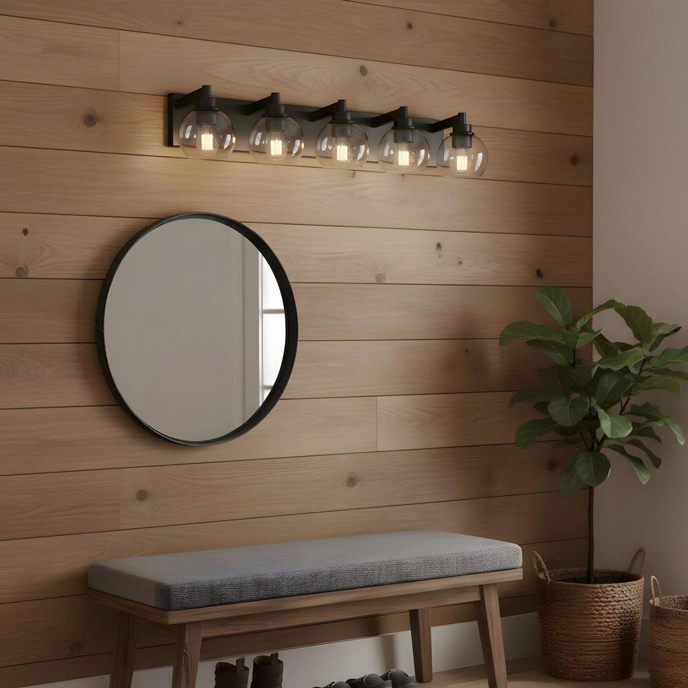 33.5 in. 5-Light Black Farmhouse Style Bathroom Vanity Light with Clear Glass Shades price history on PriceWatchPro