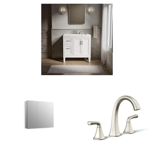 Chesil 36 in. White Vanity with Quartz Top, Embark 30 in. x 26 in. Medicine Cabinet and 8 in. Nickel Faucet Combo