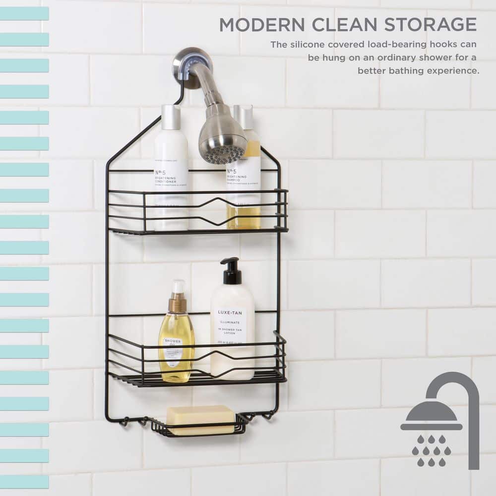 Matte Black Metal 2-Tier Suction Mount Shower Organizer