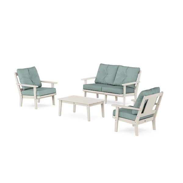POLYWOOD Prairie 4-Pcs Plastic Patio Conversation Set with Loveseat in Sand/Glacier Spa Cushions