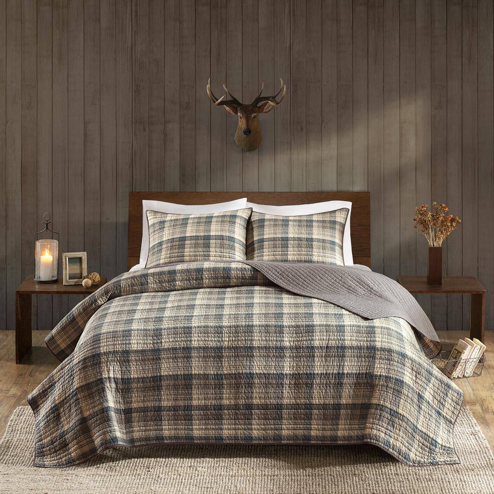 Tan and Brown Plaid Reversible Cotton Full Quilt Set