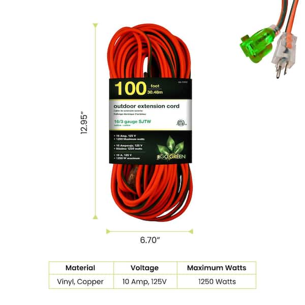 GoGreen Power 100 ft. 16/3 SJTW Outdoor Extension Cord Orange with Lighted  Green Ends GG-13700 The Home Depot