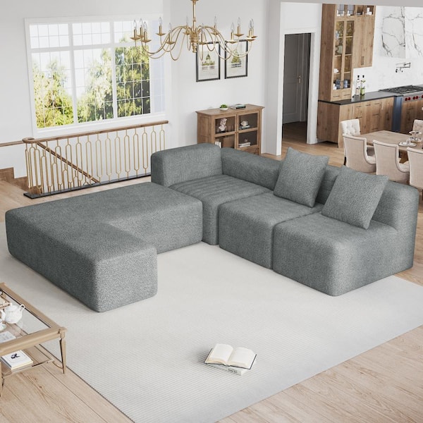 Harper & Bright Designs 116.5 in. 4-piece Polyester Modern Sectional Sofa in Gray with 2 Throw Pillows, Full-compressed No Assembly Required
