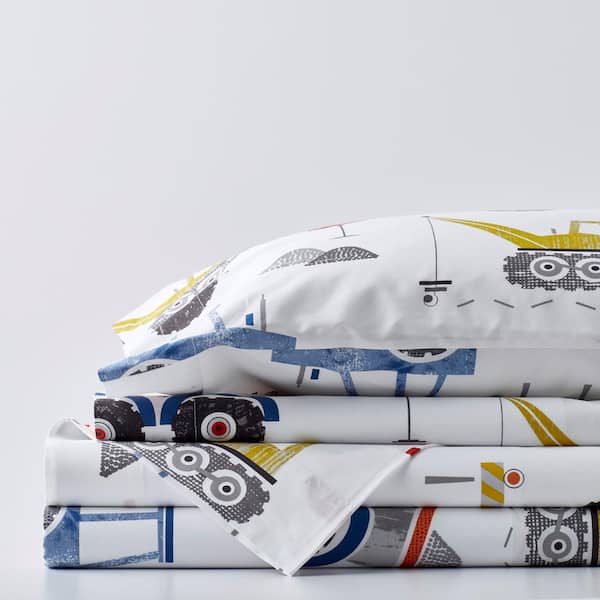 Company Kids by The Company Store Construction Zone 4-Piece Multicolored Graphic 200-Thread Count Organic Cotton Percale Queen Sheet Set