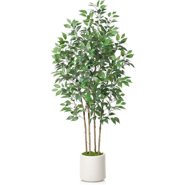 Unbranded 6 ft. Artificial Ficus Tree, Faux Floor Tree in White Imitation Ceramic Planter with Green Fake Moss