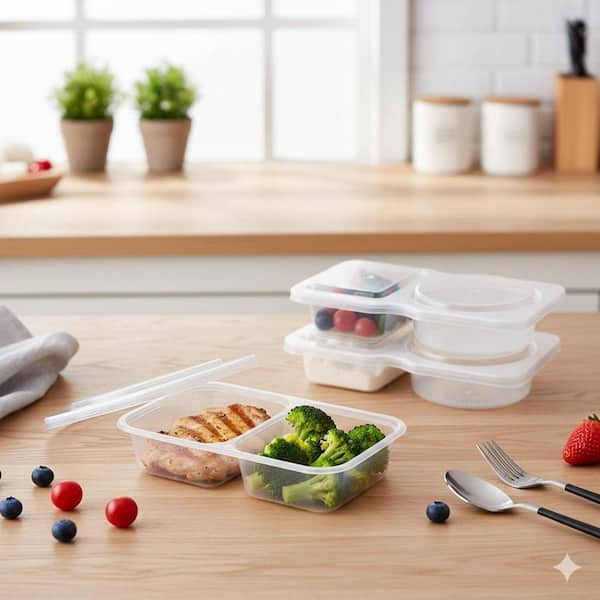 5.5 oz Clear Plastic Disposable Portion Cup Snack Food Storage Containers with Lids Leakproof Dual Compartment 16-Pack