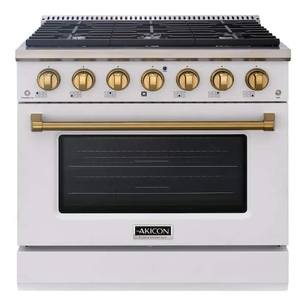 Akicon 36in. 6 Burners Slide-in Freestanding Gas Range in White and Gold with Convection Fan Cast Iron Grates