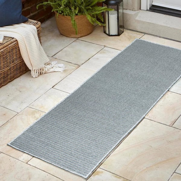 JONATHAN Y Aarhus High-Low Minimalist Scandi Striped Blue/Ivory 2 ft. x 8 ft. Indoor/Outdoor Runner Rug