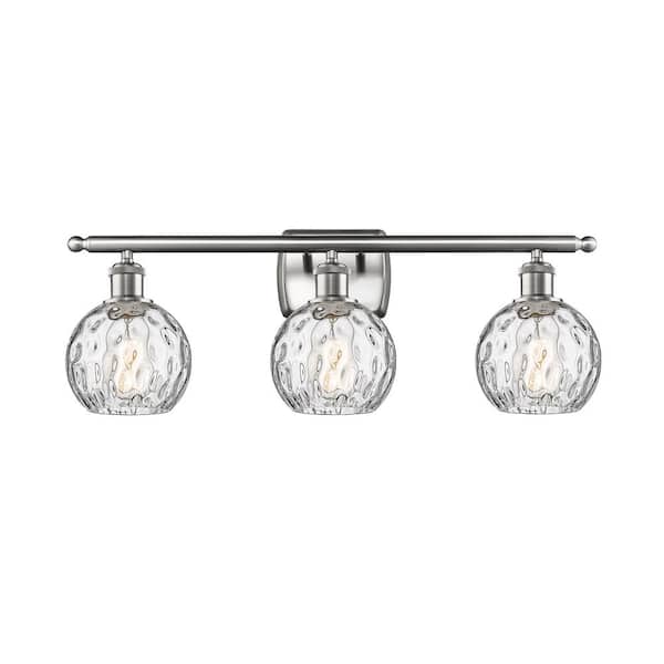 Athens Water Glass 26 in. 3-Light Brushed Satin Nickel, Clear Water Glass Vanity Light with Clear Glass Shade