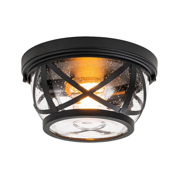 10.25 in. 2-Light Black Outdoor Indoor Flush Mount Ceiling Light with Seeded Glass and No Bulbs Included 1-Pack