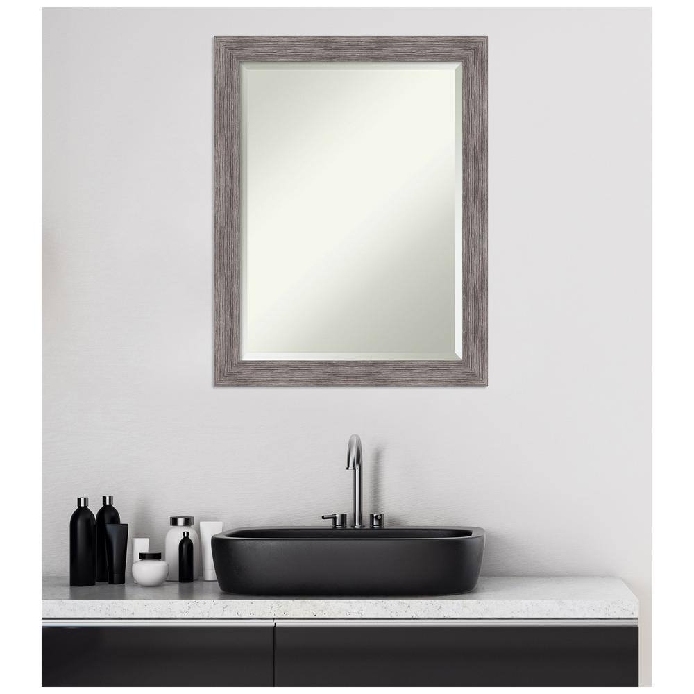 Plank Pinstripe Grey Narrow Framed Beveled Bathroom Mirror