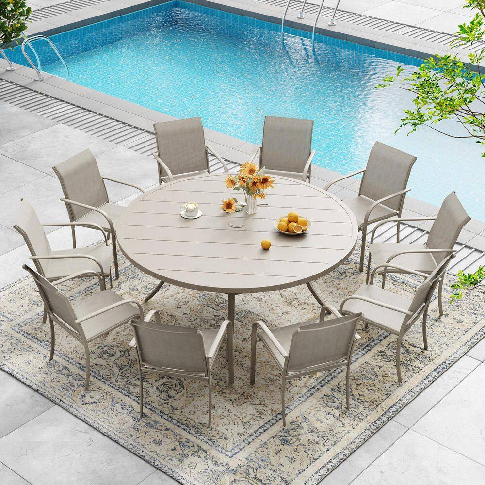 11-Piece Patio Dining Set with 60 in. Sandshell Metal Round Table and 10-Sandshell Stackable Chairs for Backyard price history on PriceWatchPro
