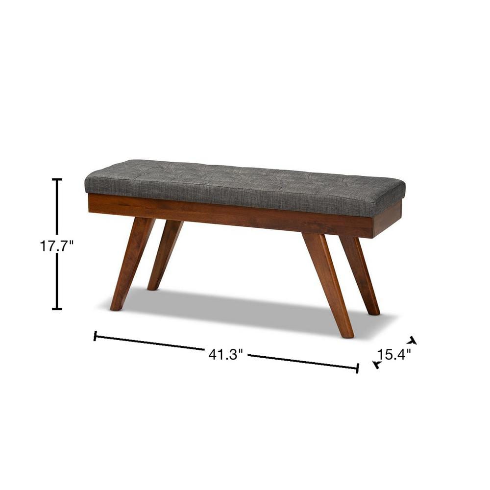Alona Mid-Century Grey Fabric and Walnut Wood Dining Bench