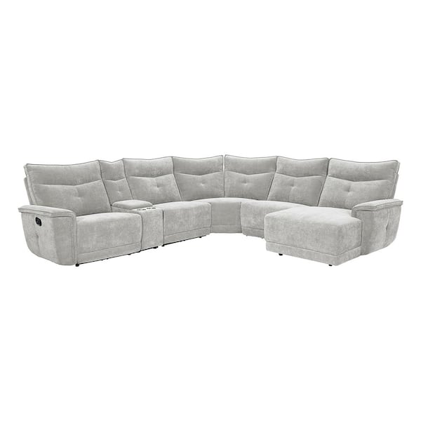 Lazzara Marta 132 in. Straight Arm 6-piece Textured Fabric Modular Reclining Sectional Sofa in Mist Gray with Right Chaise