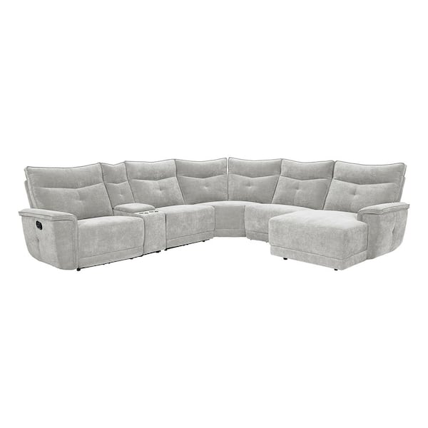 Unbranded Marta 132 in. Straight Arm 6-piece Textured Fabric Modular Reclining Sectional Sofa in Mist Gray with Right Chaise