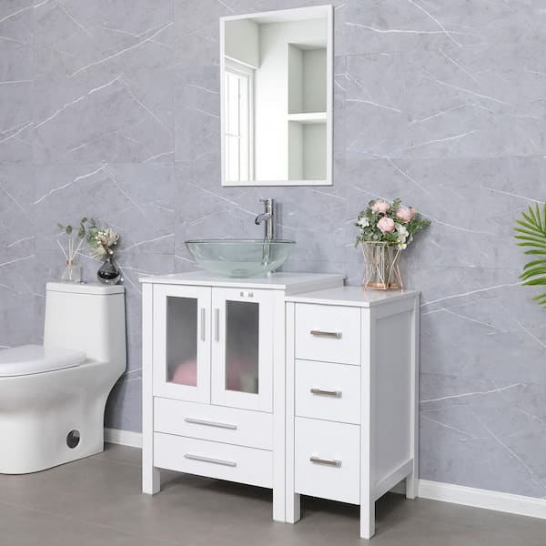 36 in. W x 20 in. D x 32 in. H 1-Sink Bath Vanity in White with Clear Glass Top and Mirror Chrome Faucet Drain