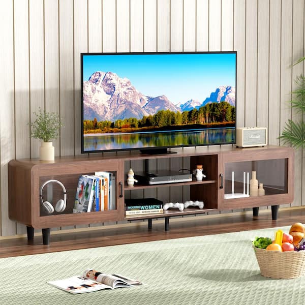 65 in. W Rustic Brown TV Stand Entertainment Center Fits TVs up to 75 in. with Storage Cabinets and Open Layer