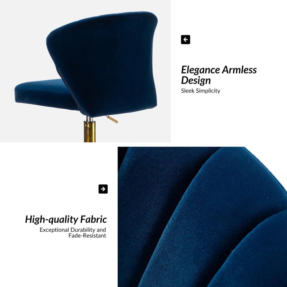 Ergonomic Navy Velvet Armless Task Chair with Gold Metal Base