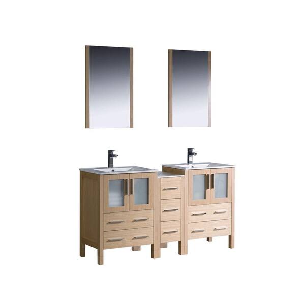 Fresca Torino 60 in. Double Vanity in Light Oak with Ceramic Vanity Top in White with White Basins and Mirrors