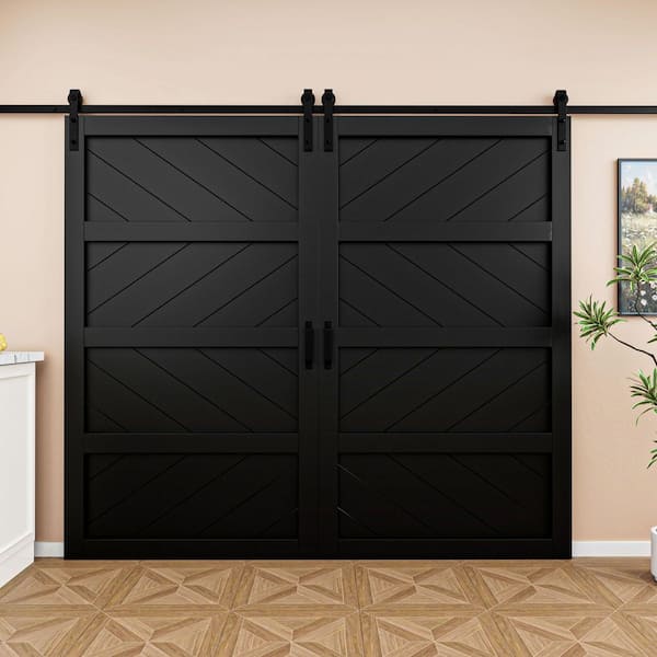 96 in. x 84 in. Black Finished 4-Lite Wave Pattern Style MDF Sliding Barn Door with Hardware Kit and Soft Close