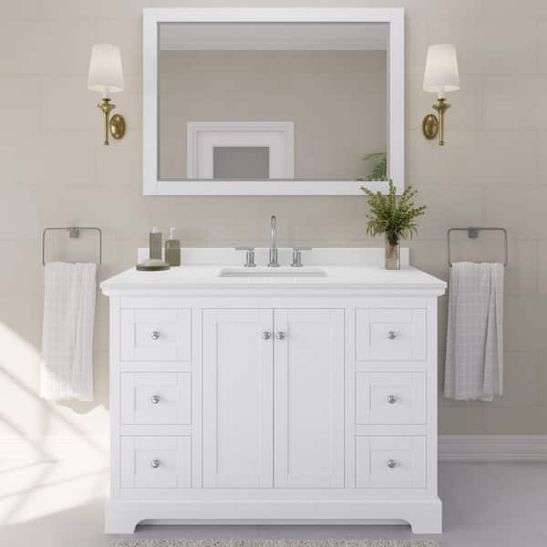 Wyndham Collection Avery 48 in. W x 22 in. D x 35 in. H Single Bath Vanity in White with White Quartz Top