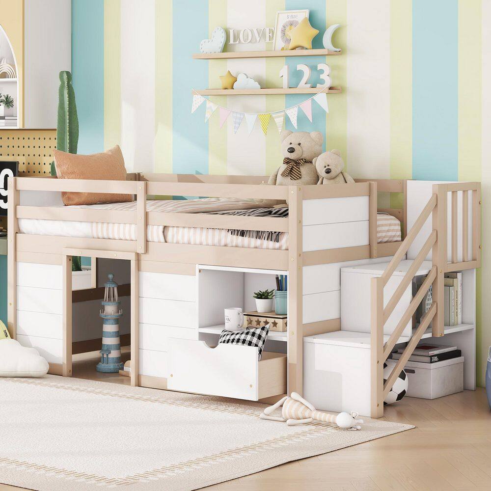 White and Cream Twin Size Low Loft Bed with Stair, Drawer and Shelf price history on PriceWatchPro