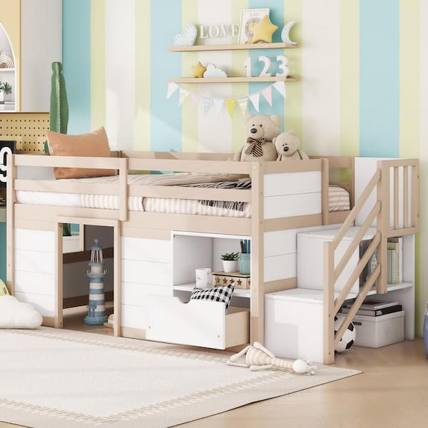 White and Cream Twin Size Low Loft Bed with Stair, Drawer and Shelf