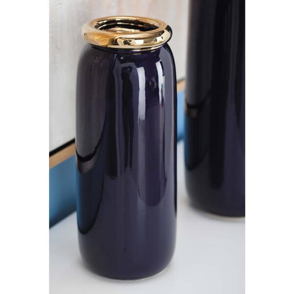 Litton Lane 13 in. Urn-Shaped Glazed Blue Ceramic Metal Decorative Vase