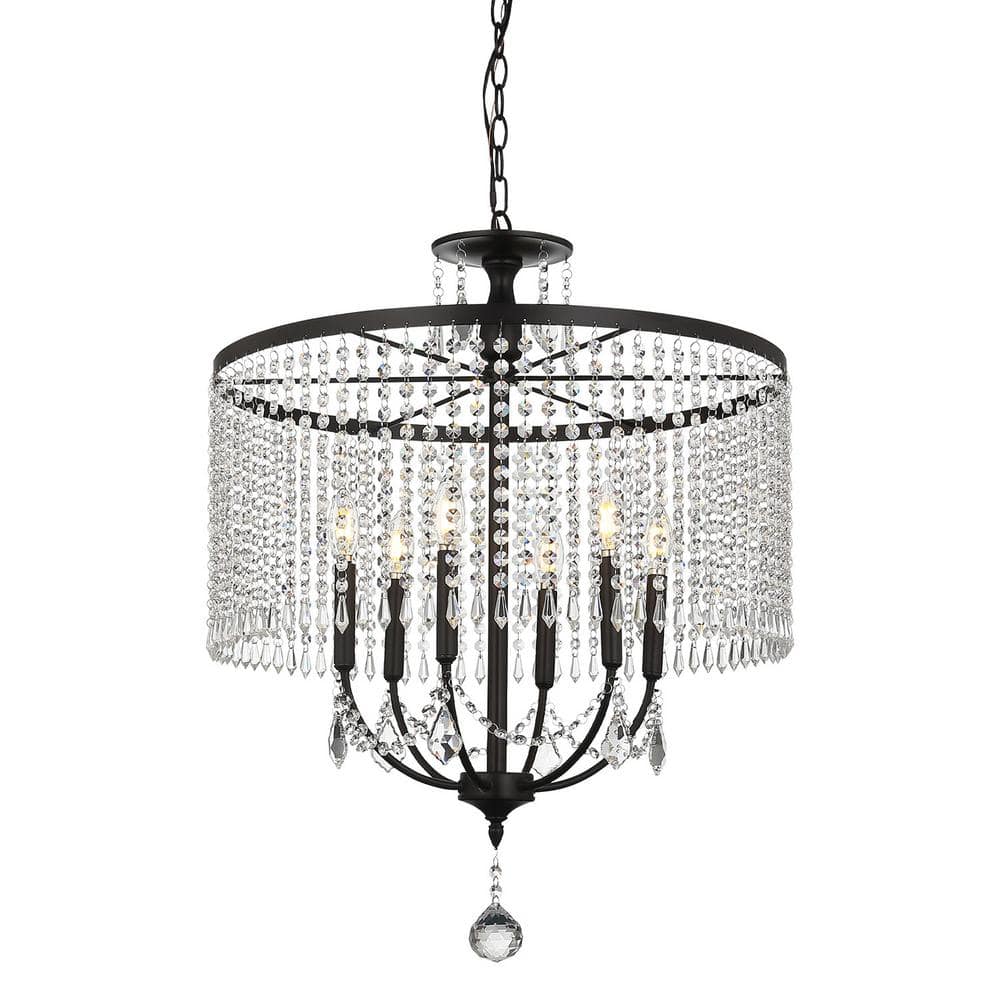 TYCOLIT 6Light Black Dimmable Crystal Chandelier with Clear Crystals