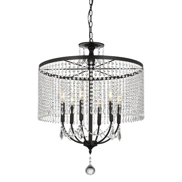 TYCOLIT 6-Light Black Dimmable Crystal Chandelier with Clear Crystals Shades