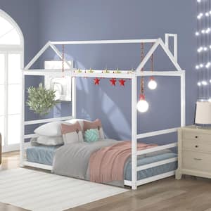 Metal White Twin Size Platform Bed with Roof and Chimney Design