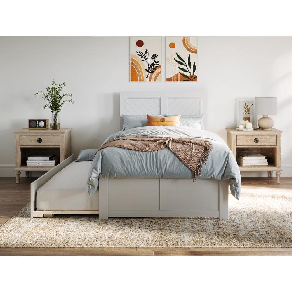 White Twin Wood Platform Bed with Trundle and Chevron Headboard