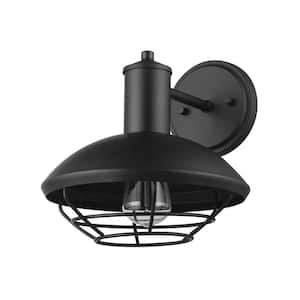 Oliver Matte Black Farmhouse Indoor/Outdoor 1-Light Wall Sconce with Caged Shade