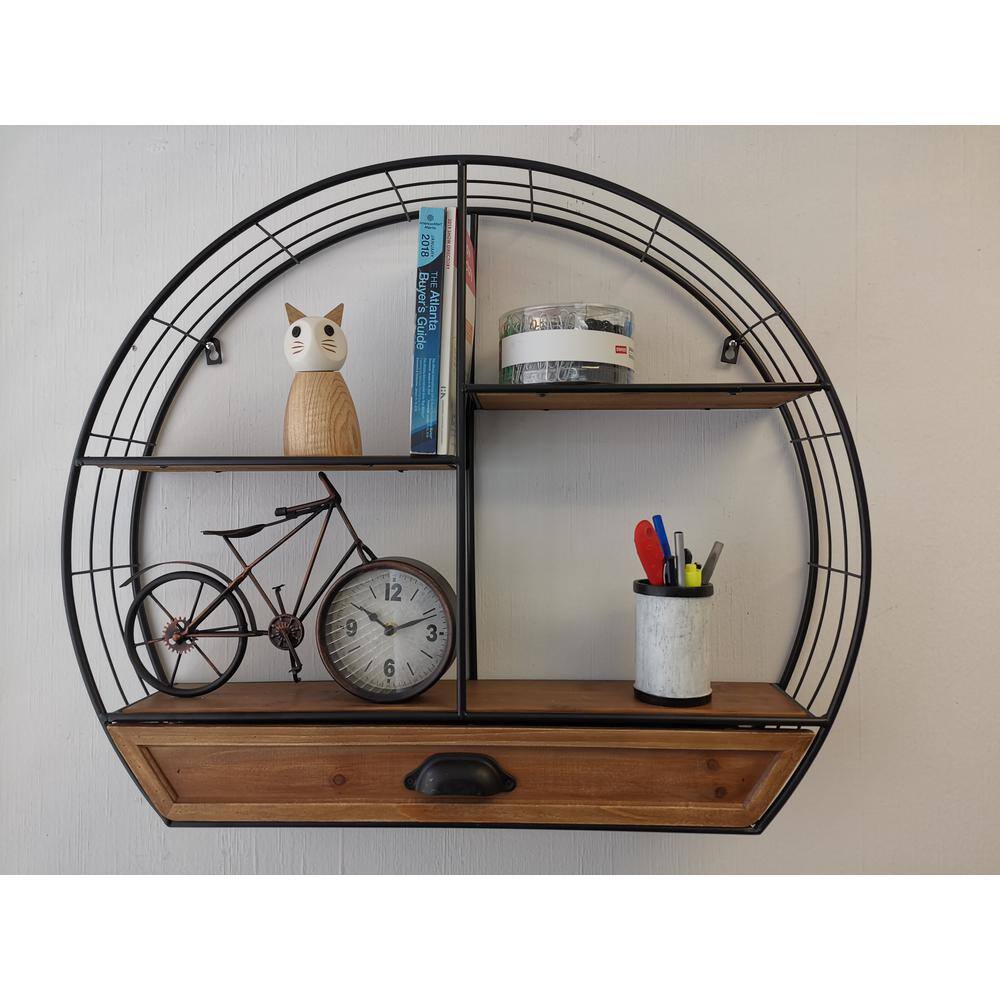 Black Iron and Wood 4-Tier Floating Wall Shelf