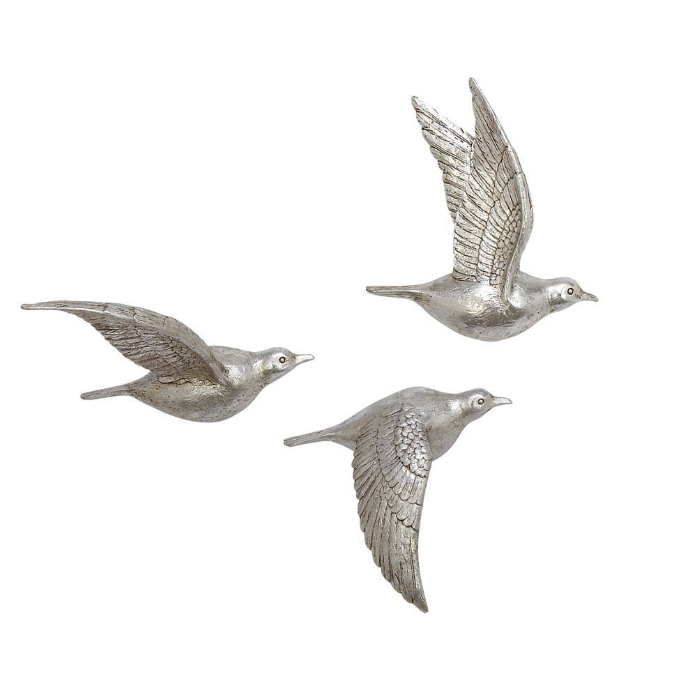 Silver Polystone Bird Wall Sculpture Set of 3