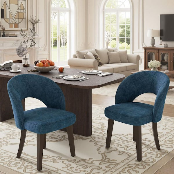 Modern Blue Fabric Curved Open Back Upholstered Solid Wood Legs Dining Chair With Adjustable Foot (Set of 2)
